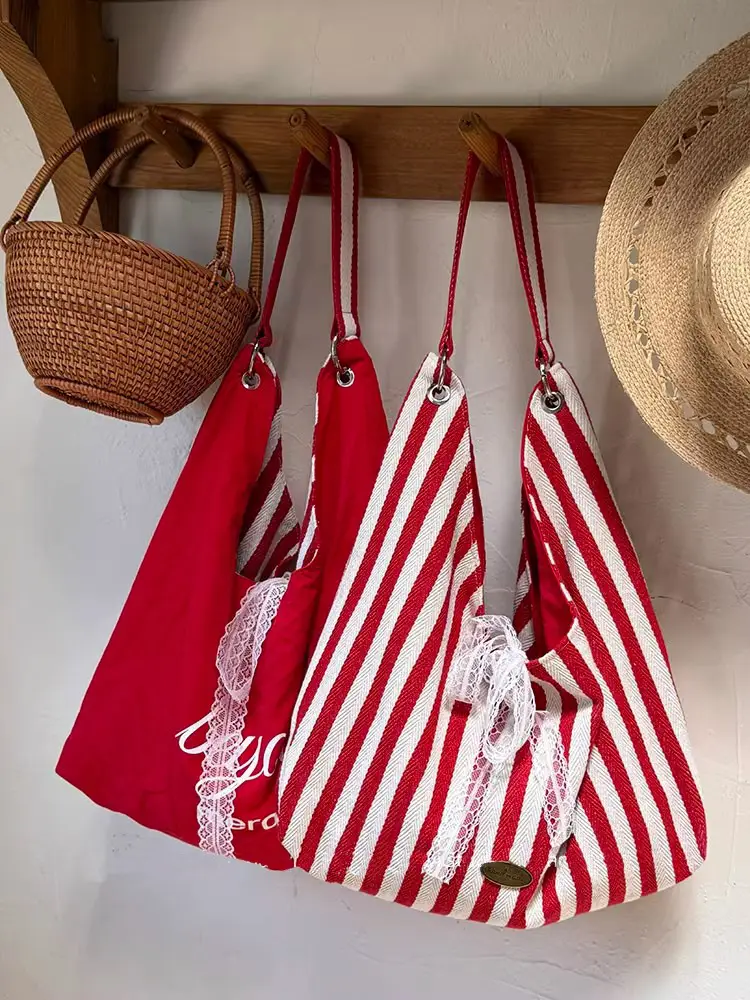Women Striped Canvas Shoulder Bag Red White 2025 — feature 11