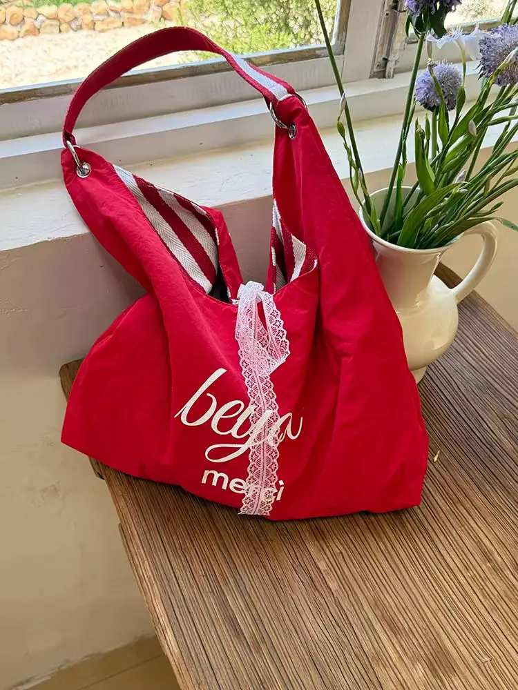 Women Striped Canvas Shoulder Bag Red White 2025 — feature 12