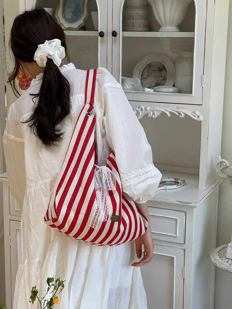 Women Striped Canvas Shoulder Bag Red White 2025 — feature 13