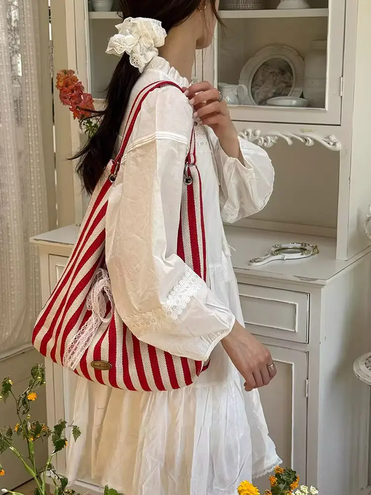 Women Striped Canvas Shoulder Bag Red White 2025 — feature 14