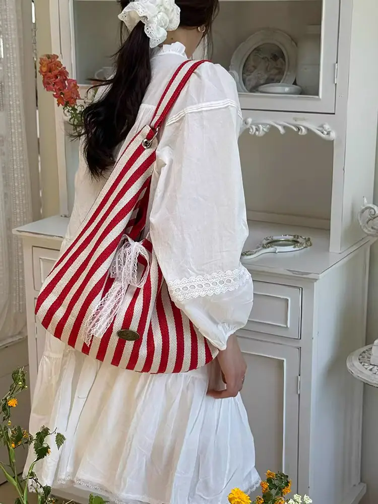 Women Striped Canvas Shoulder Bag Red White 2025 — feature 15