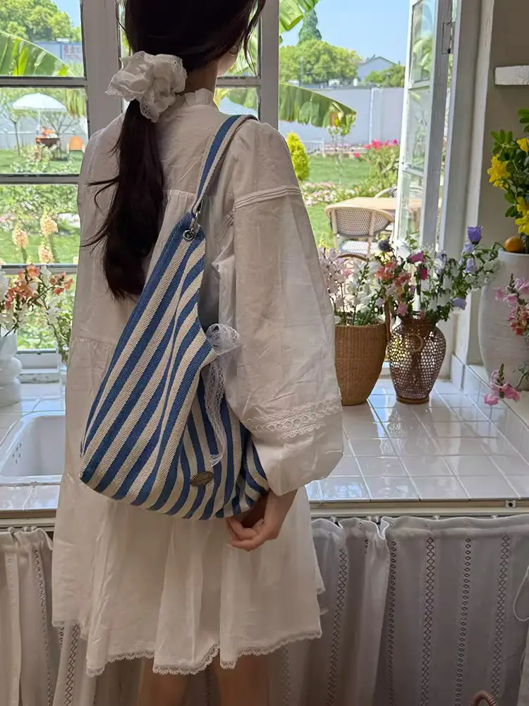 Women Striped Canvas Shoulder Bag Red White 2025 — feature 16