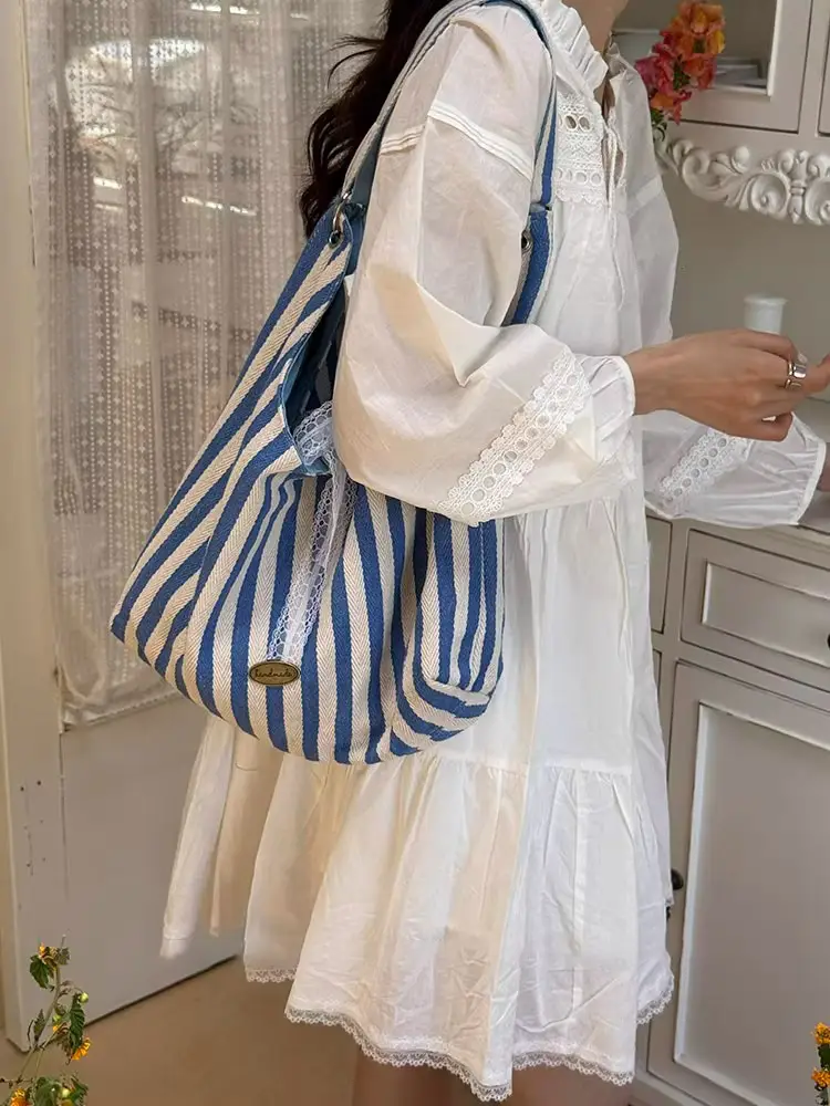 Women Striped Canvas Shoulder Bag Red White 2025 — feature 18