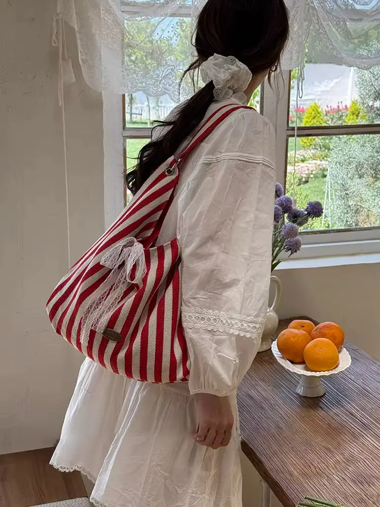 Women Striped Canvas Shoulder Bag Red White 2025 — feature 19