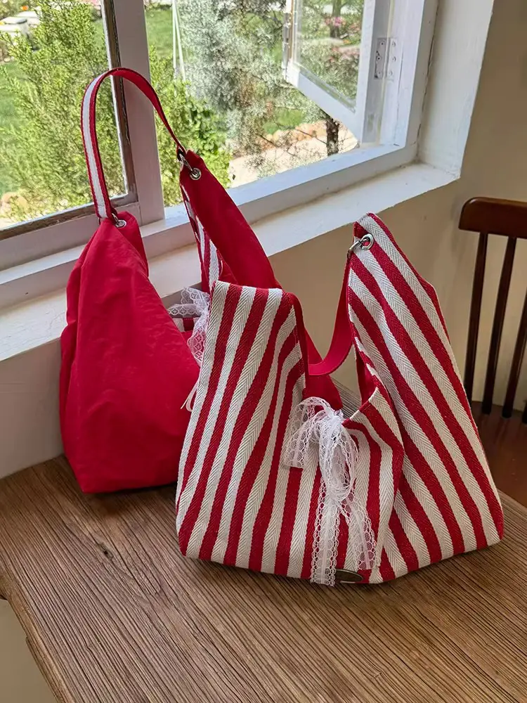 Women Striped Canvas Shoulder Bag Red White 2025 — feature 2