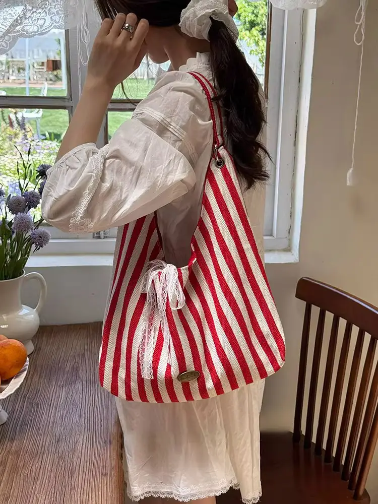 Women Striped Canvas Shoulder Bag Red White 2025 — feature 20