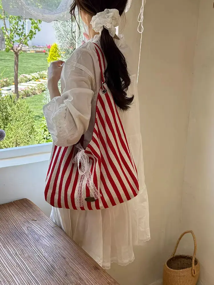 Women Striped Canvas Shoulder Bag Red White 2025 — feature 3