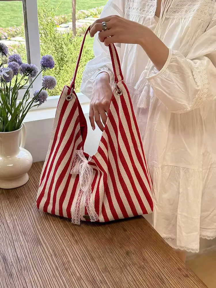 Women Striped Canvas Shoulder Bag Red White 2025 — feature 4