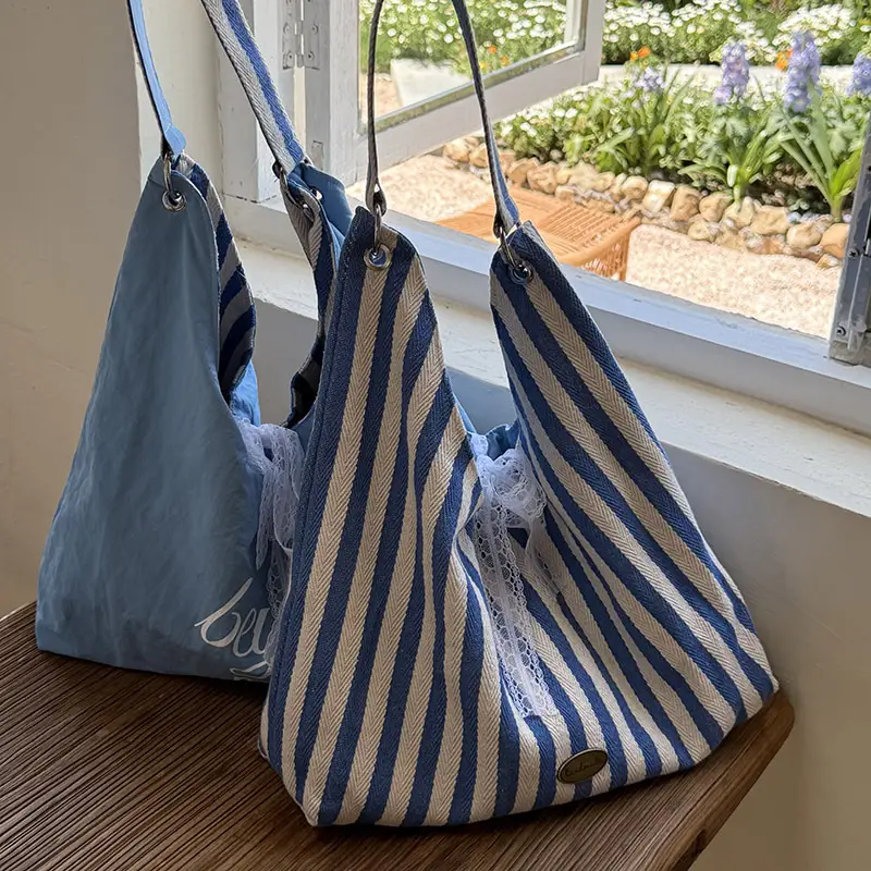 Women Striped Canvas Shoulder Bag Red White 2025 - Image 2