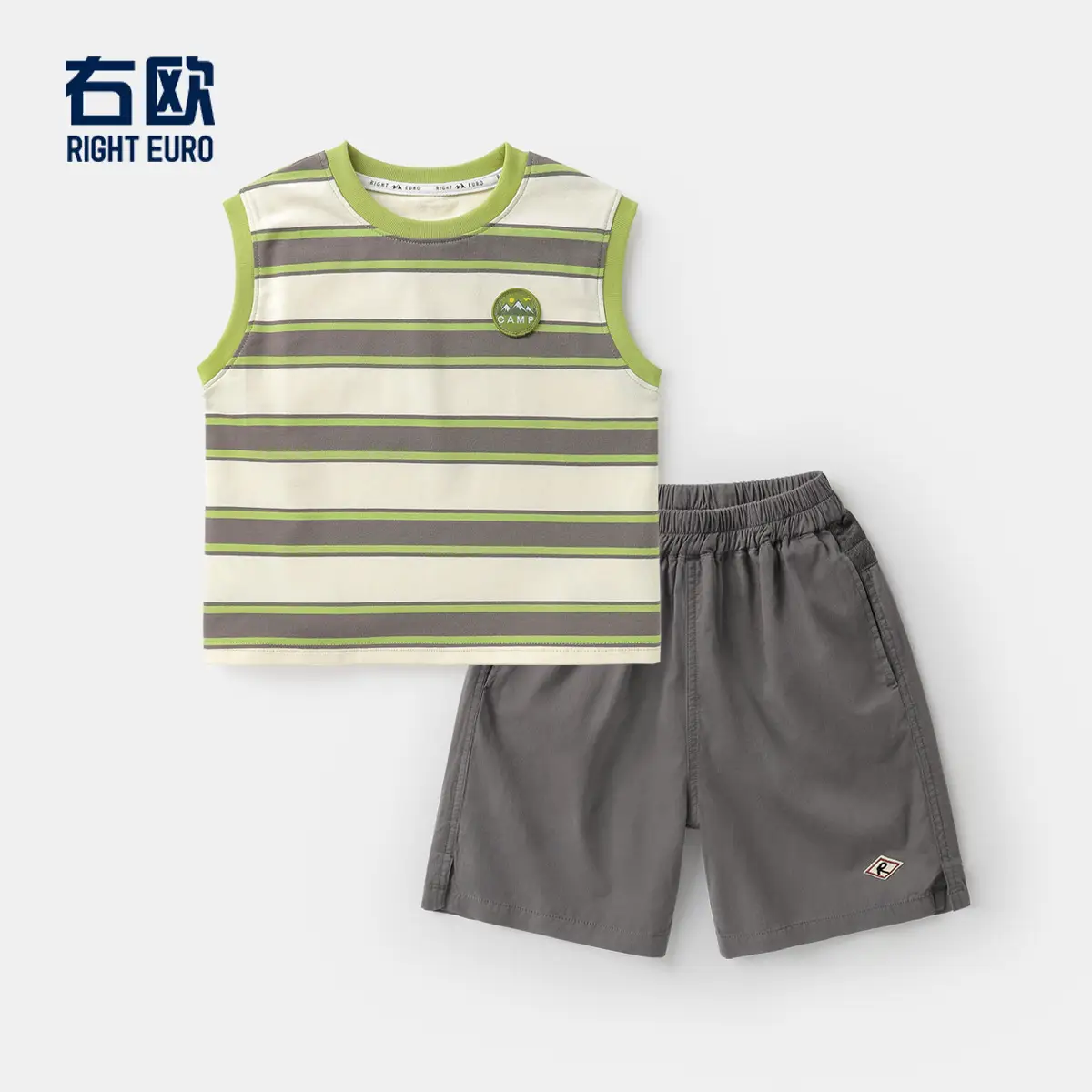 Right European Boys Striped Vest T-Shirt Summer Grey Shorts - Image 3