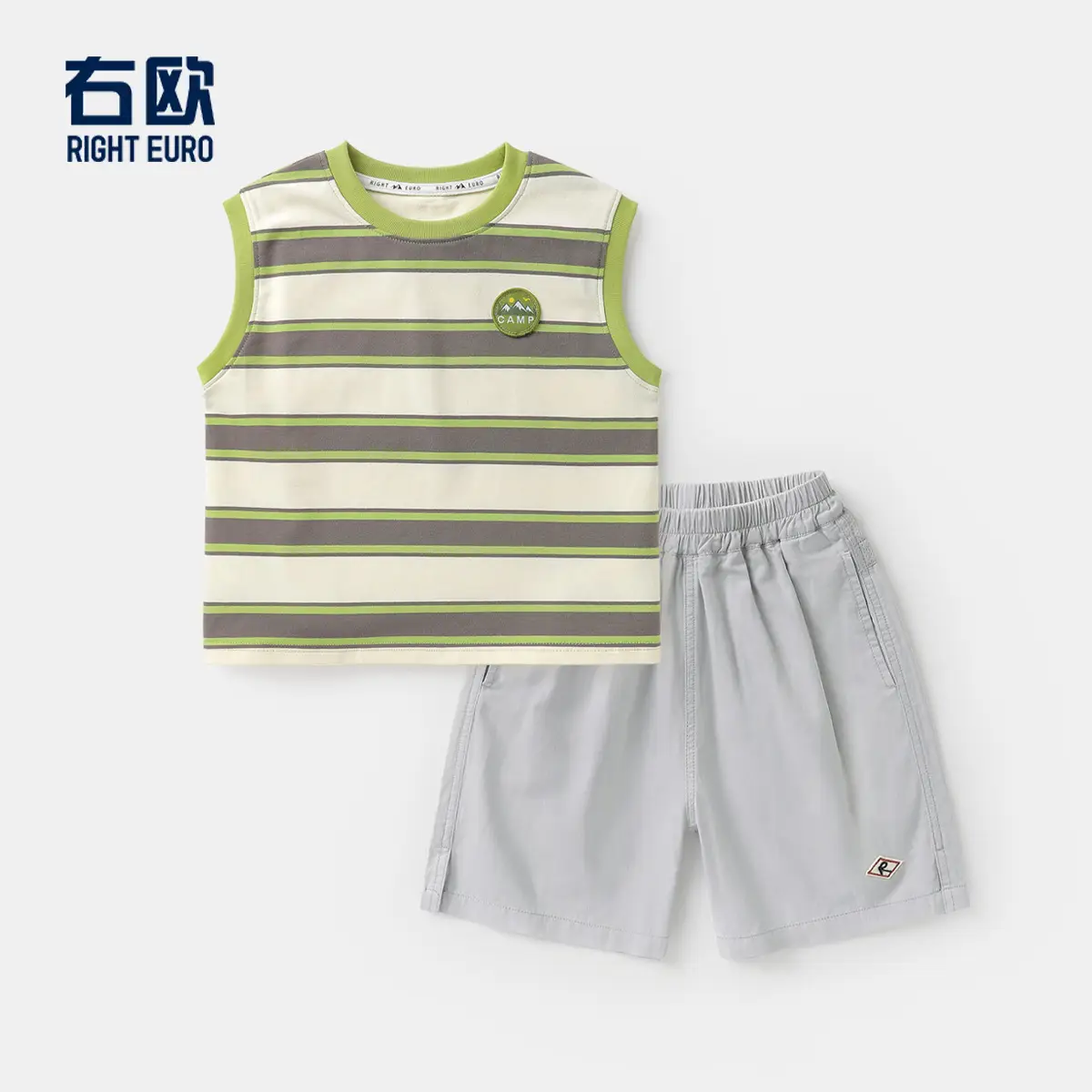 Right European Boys Striped Vest T-Shirt Summer Grey Shorts - Image 5