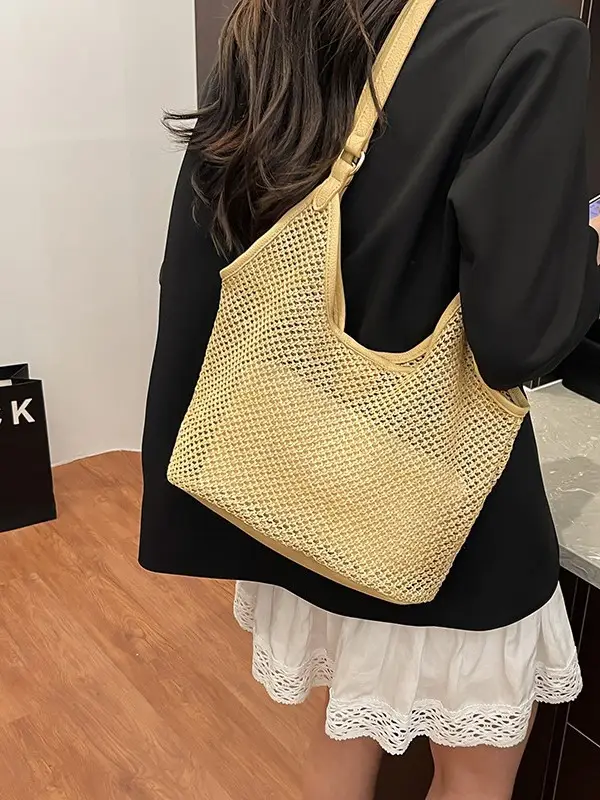Golden Straw Woven Shoulder Bag Large Capacity - Image 6