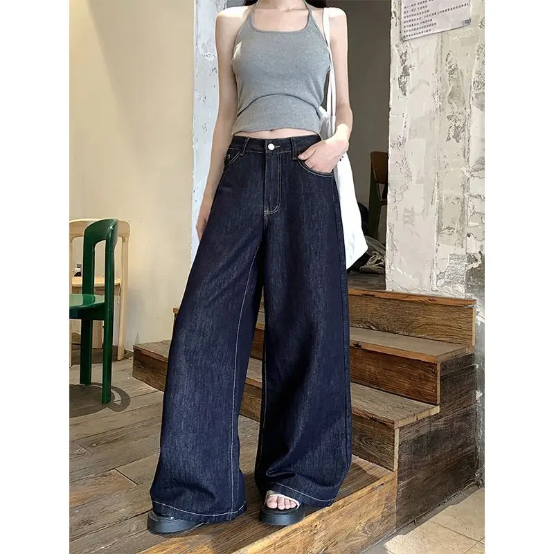 Dark Blue Wide Leg Jeans 2025 Retro High Waist
