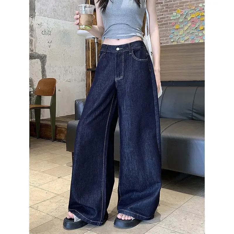 Dark Blue Wide Leg Jeans 2025 Retro High Waist
