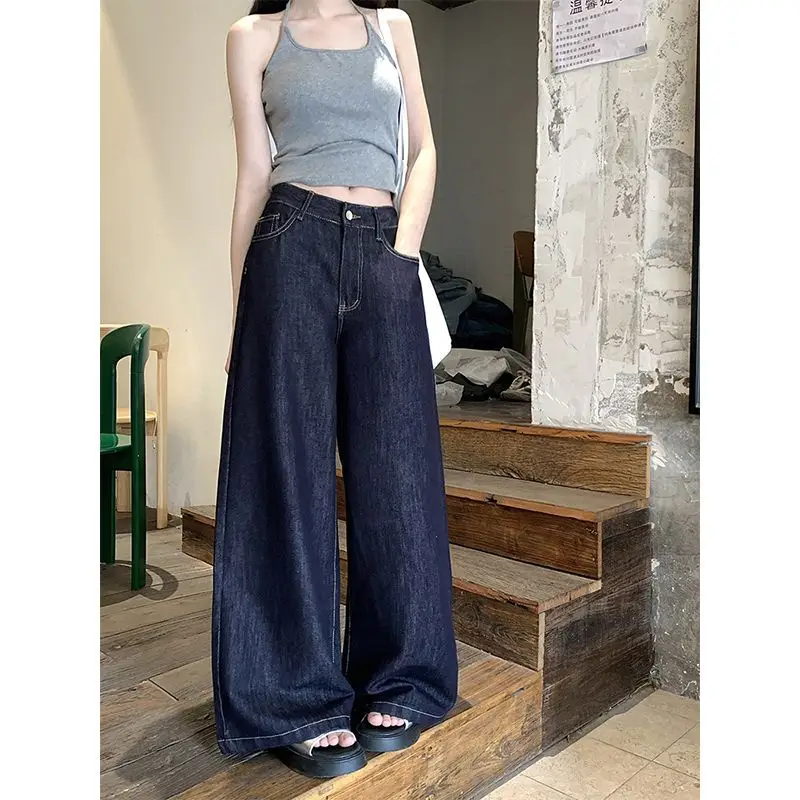 Dark Blue Wide Leg Jeans 2025 Retro High Waist