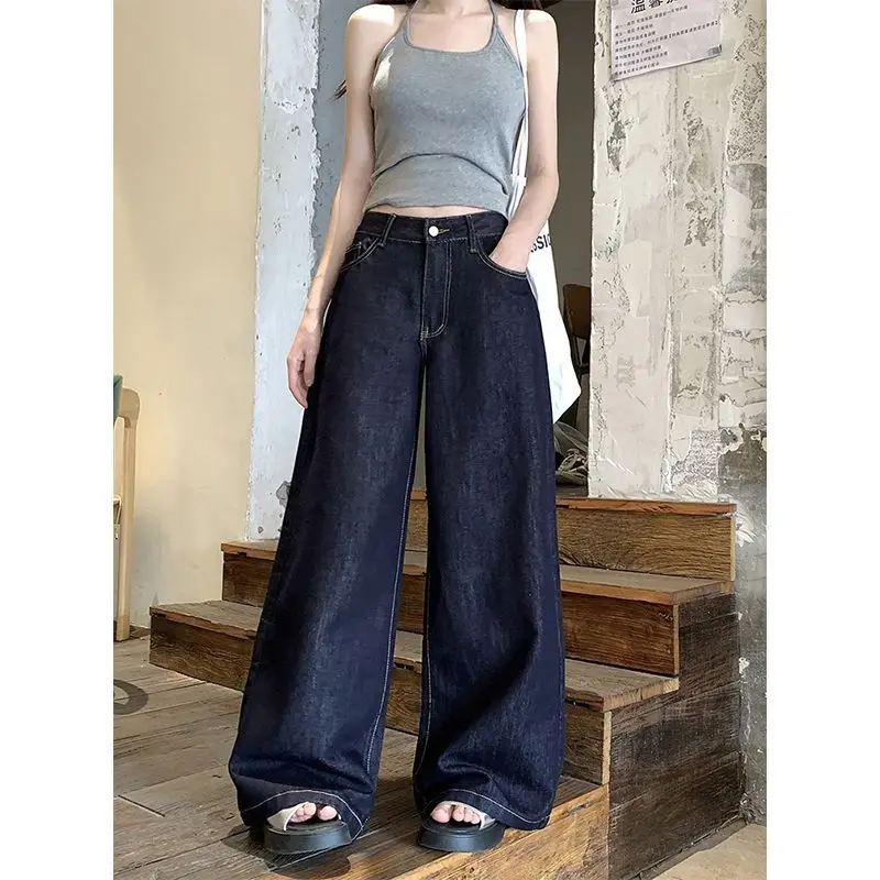 Dark Blue Wide Leg Jeans 2025 Retro High Waist