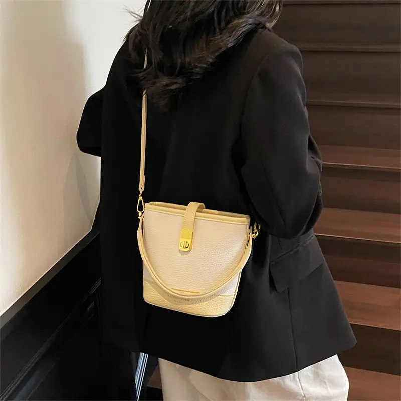 Women's Contrasting Texture Bucket Bag Shoulder Crossbody - Image 6
