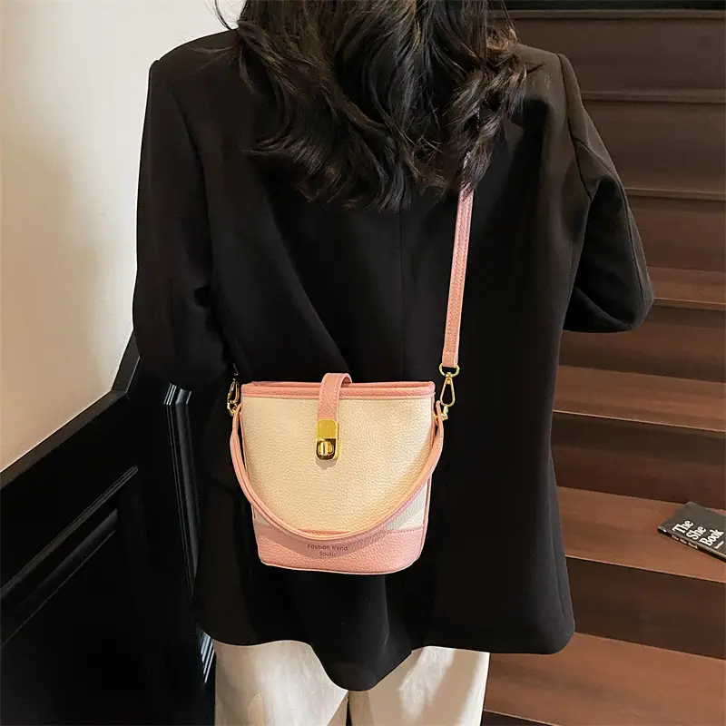 Women's Contrasting Texture Bucket Bag Shoulder Crossbody - Image 7