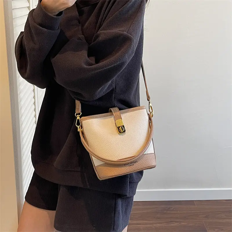 Women's Contrasting Texture Bucket Bag Shoulder Crossbody - Image 8