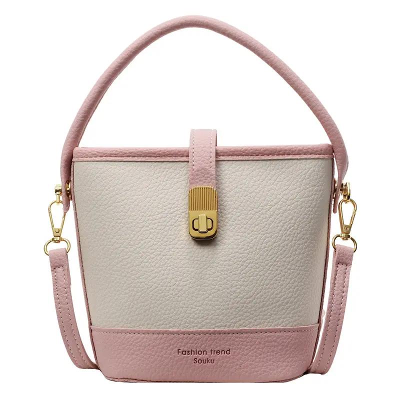 Women's Contrasting Texture Bucket Bag Shoulder Crossbody - Image 4