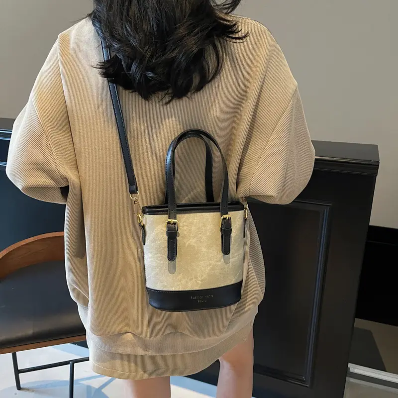 Women Crossbody Bag Brown Beige Leather Handle Shoulder Bag - Image 6