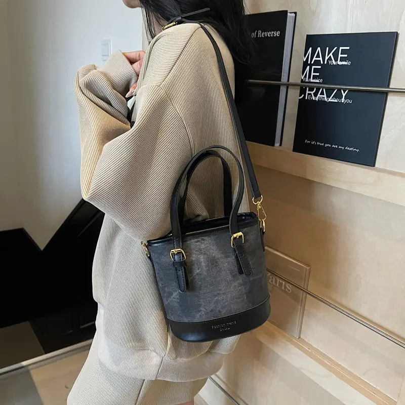 Women Crossbody Bag Brown Beige Leather Handle Shoulder Bag - Image 7