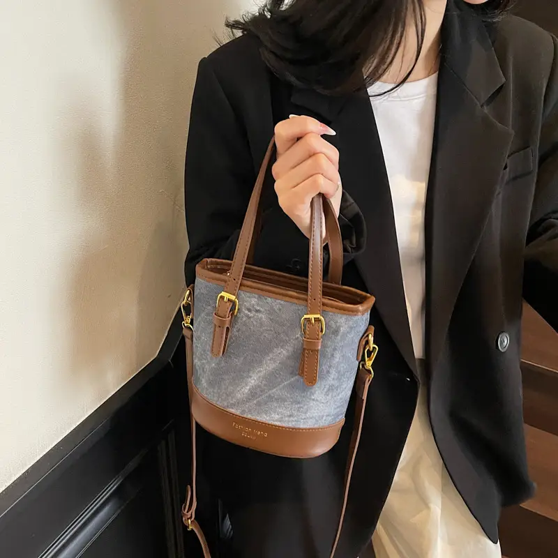 Women Crossbody Bag Brown Beige Leather Handle Shoulder Bag - Image 8