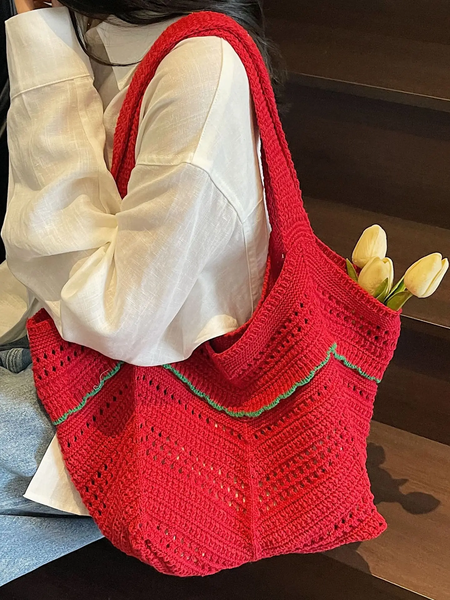 2025 Blue Crochet Large Capacity Shoulder Tote Bag - Image 10