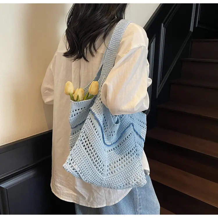 2025 Blue Crochet Large Capacity Shoulder Tote Bag — feature 30