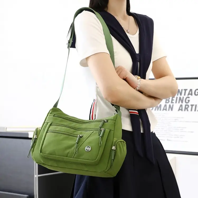 Multi-Compartment Shoulder Crossbody Bag Black Nylon Travel Bag - Image 9