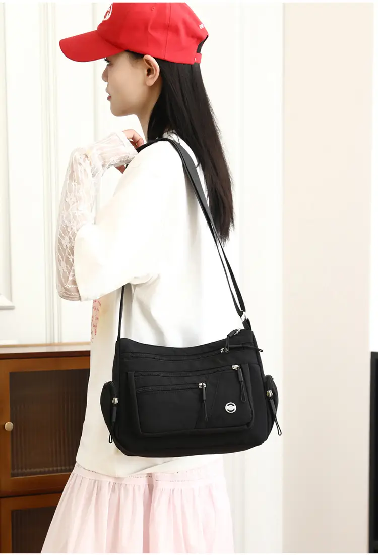 Multi-Compartment Shoulder Crossbody Bag Black Nylon Travel Bag — feature 34