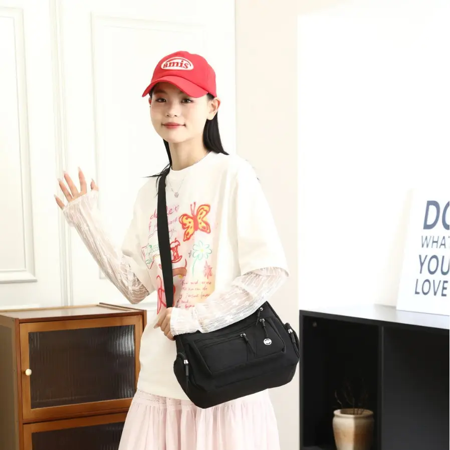 Multi-Compartment Shoulder Crossbody Bag Black Nylon Travel Bag — feature 40