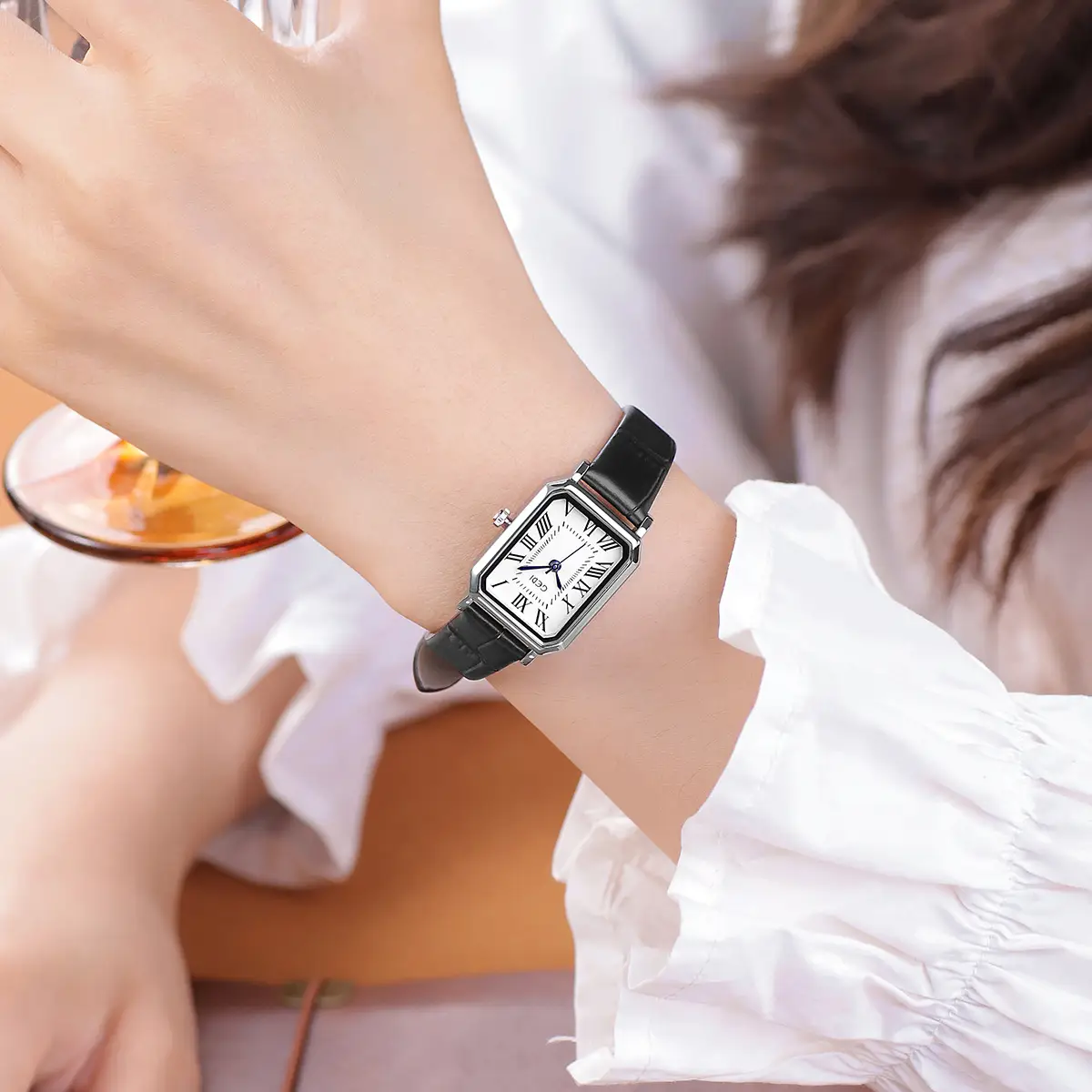 Women's Classic Square Watch with Genuine Leather Band - Image 7
