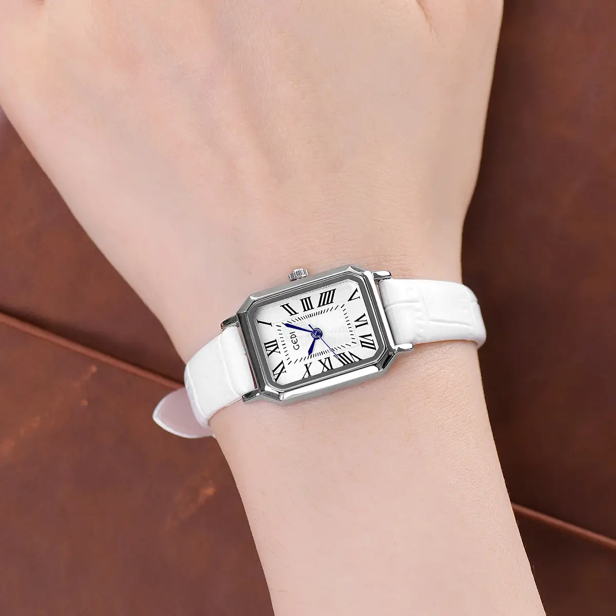 Women's Classic Square Watch with Genuine Leather Band - Image 8