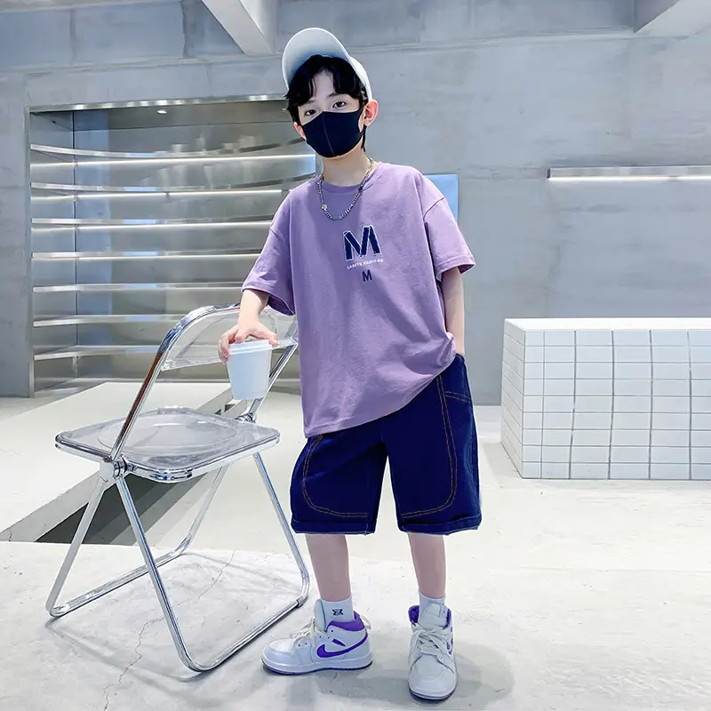 Boys Summer T-Shirt Shorts Set Purple M - Image 4