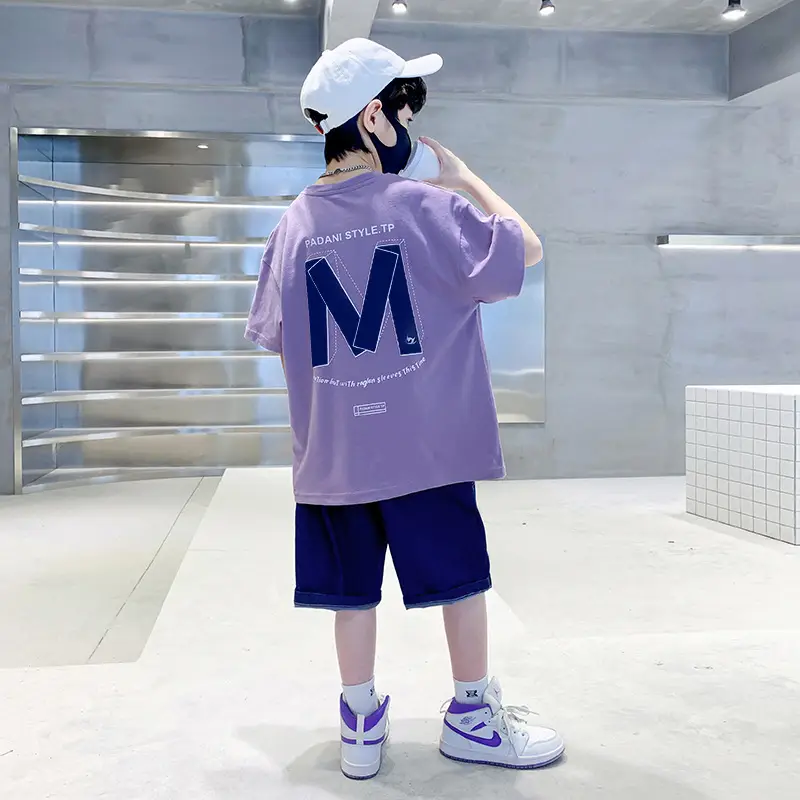 Boys Summer T-Shirt Shorts Set Purple M - Image 6