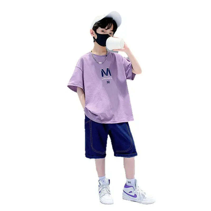 Boys Summer T-Shirt Shorts Set Purple M - Image 7