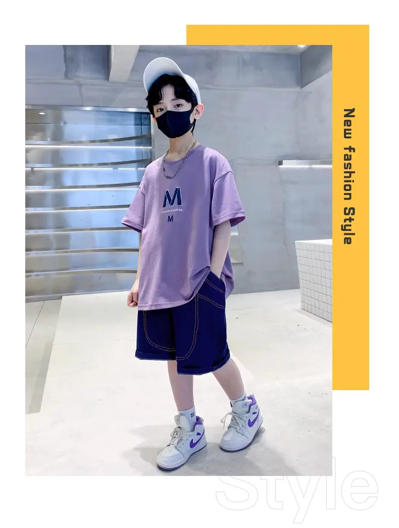 Boys Summer T-Shirt Shorts Set Purple M — feature 2