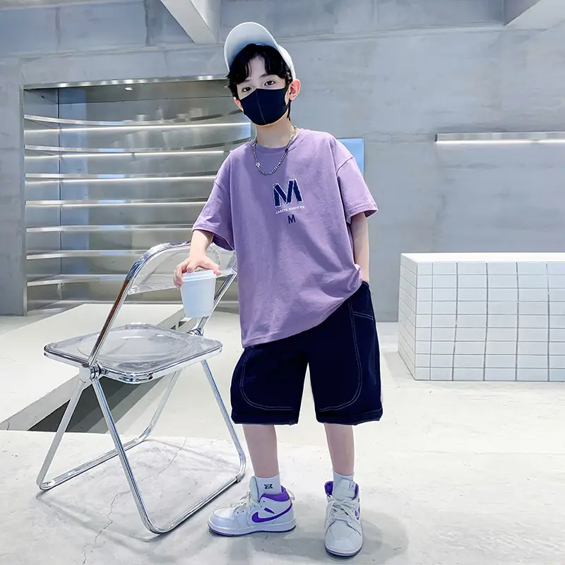 Boys Summer T-Shirt Shorts Set Purple M - Image 2