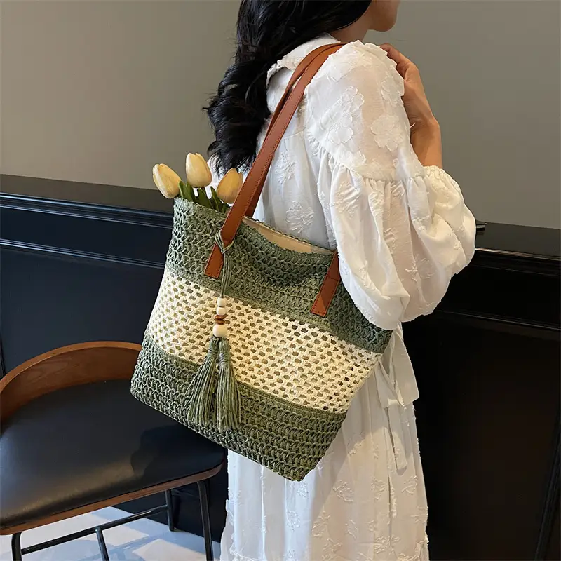 Women's Textured Straw Shoulder Bag Large Capacity New Spring Summer - Image 7