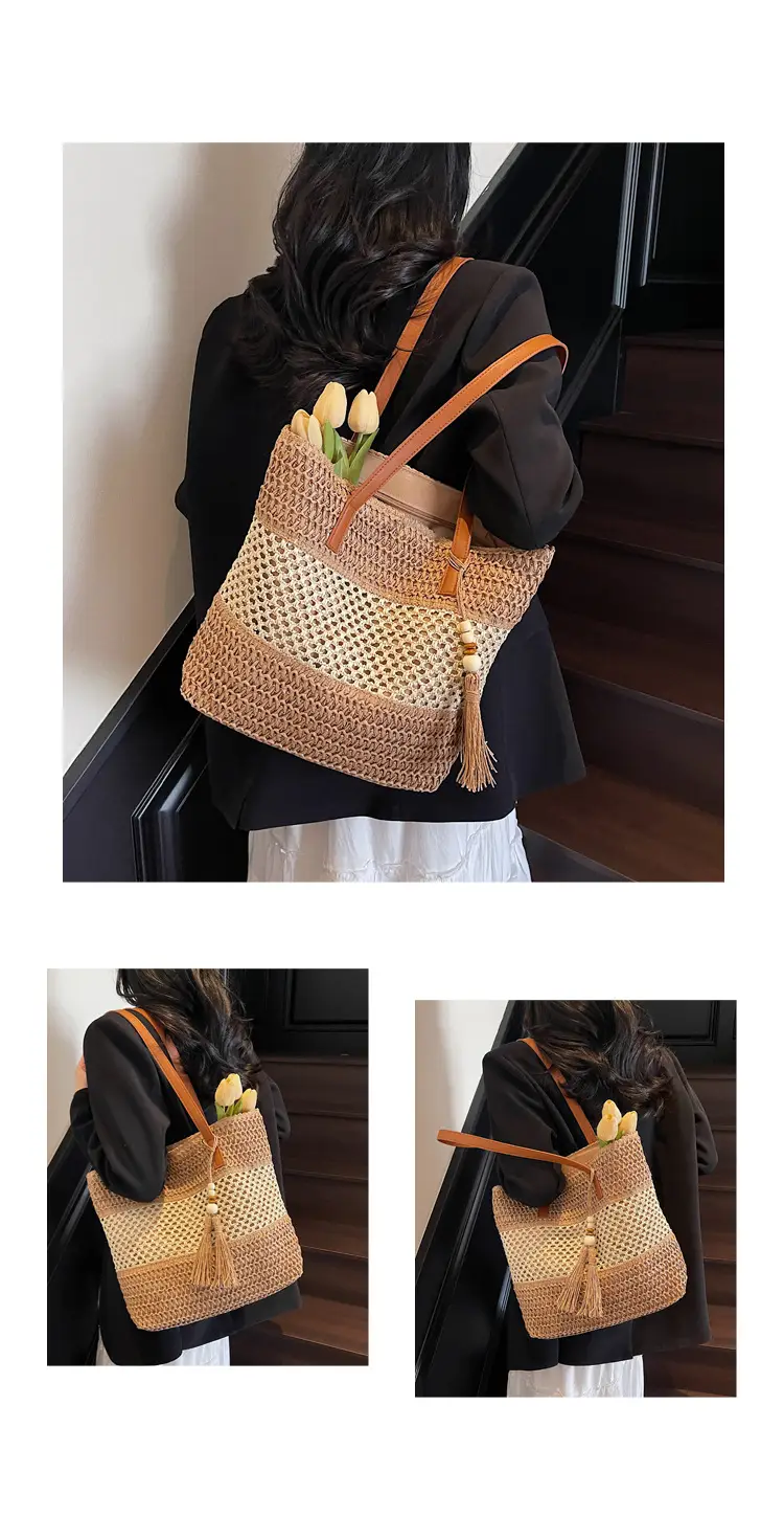 Women's Textured Straw Shoulder Bag Large Capacity New Spring Summer — feature 11