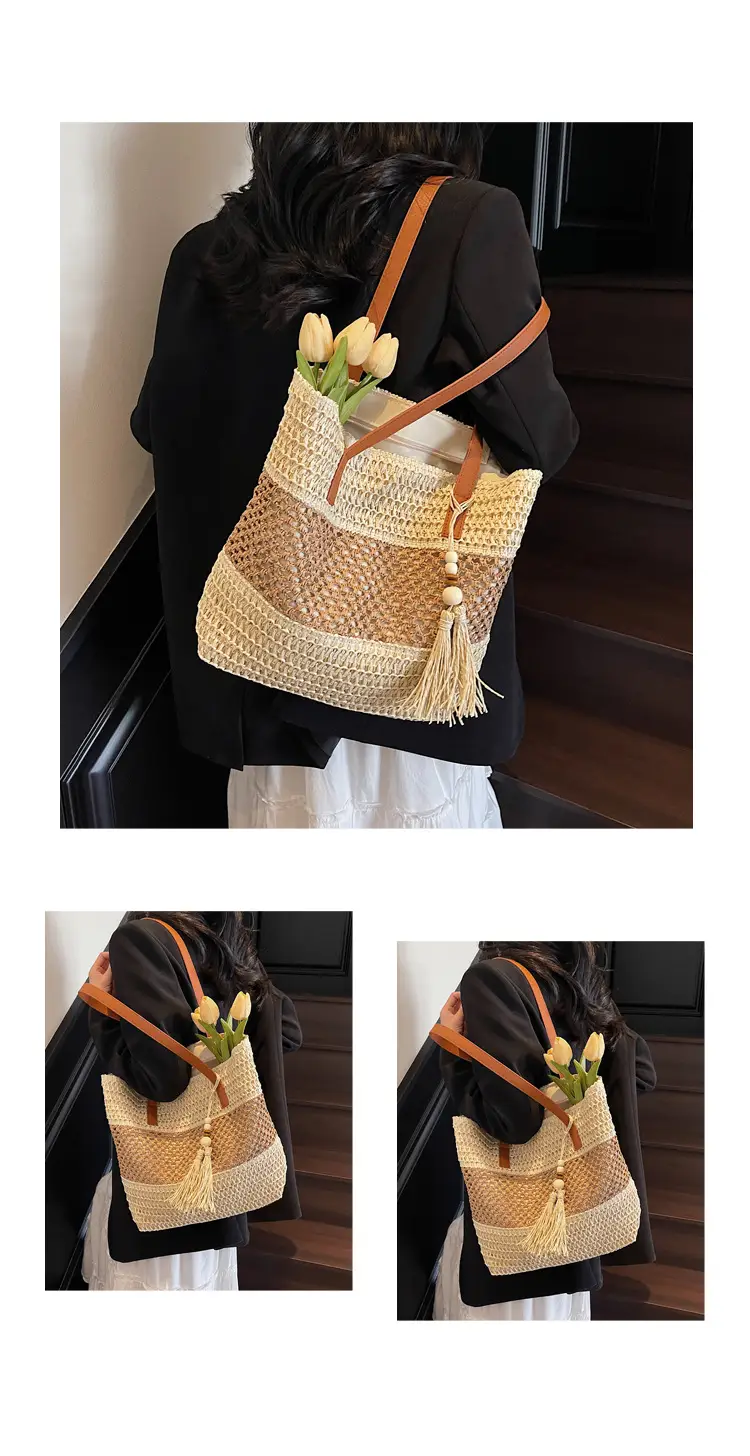Women's Textured Straw Shoulder Bag Large Capacity New Spring Summer — feature 12