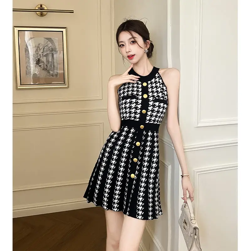 Real Shot of Hepburn Style French Black Letter Halter Dress for Women Summer Waist Slimming Elegant Little Black Dress Knitted Skirt