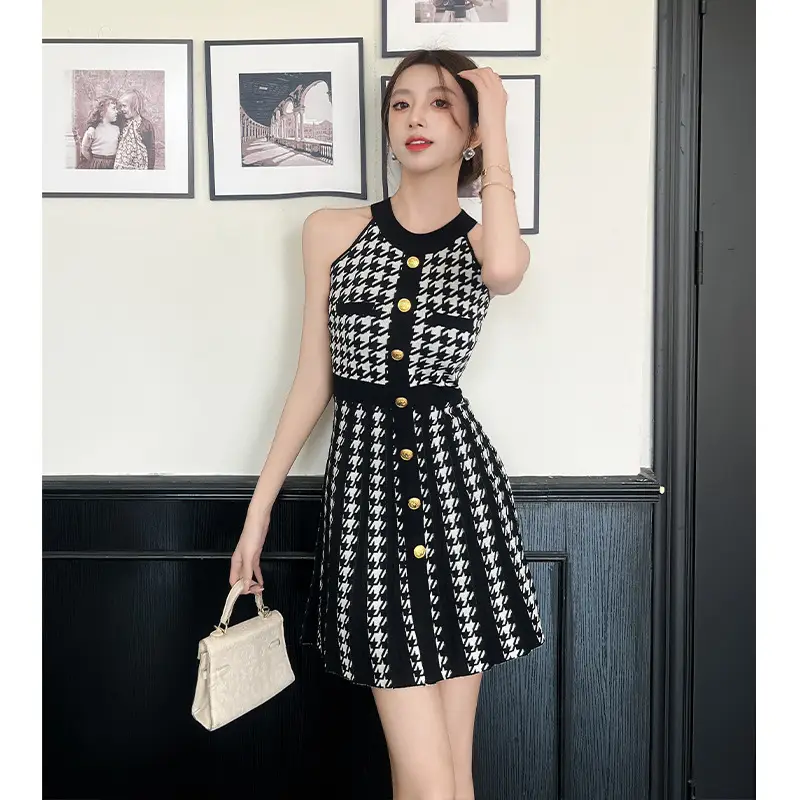 Real Shot of Hepburn Style French Black Letter Halter Dress for Women Summer Waist Slimming Elegant Little Black Dress Knitted Skirt