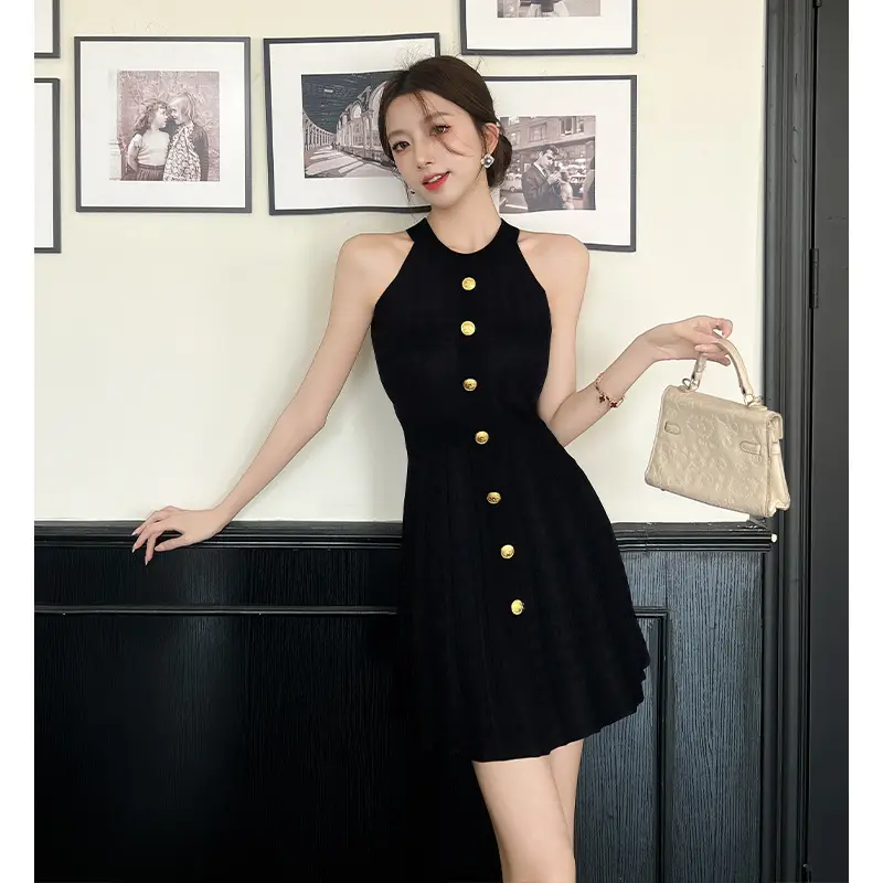 Real Shot of Hepburn Style French Black Letter Halter Dress for Women Summer Waist Slimming Elegant Little Black Dress Knitted Skirt