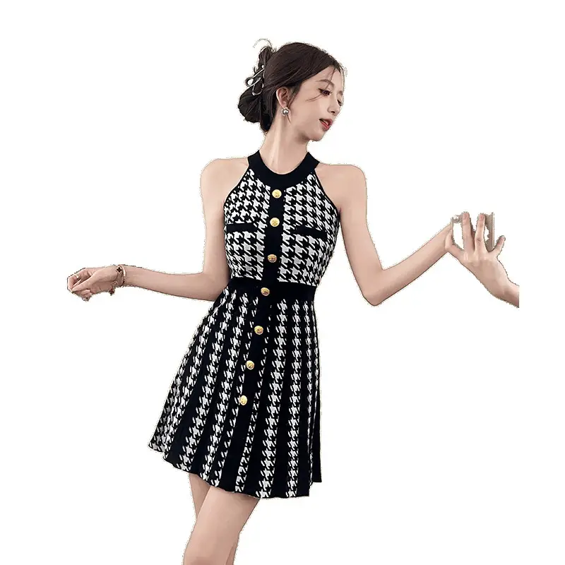 Real Shot of Hepburn Style French Black Letter Halter Dress for Women Summer Waist Slimming Elegant Little Black Dress Knitted Skirt