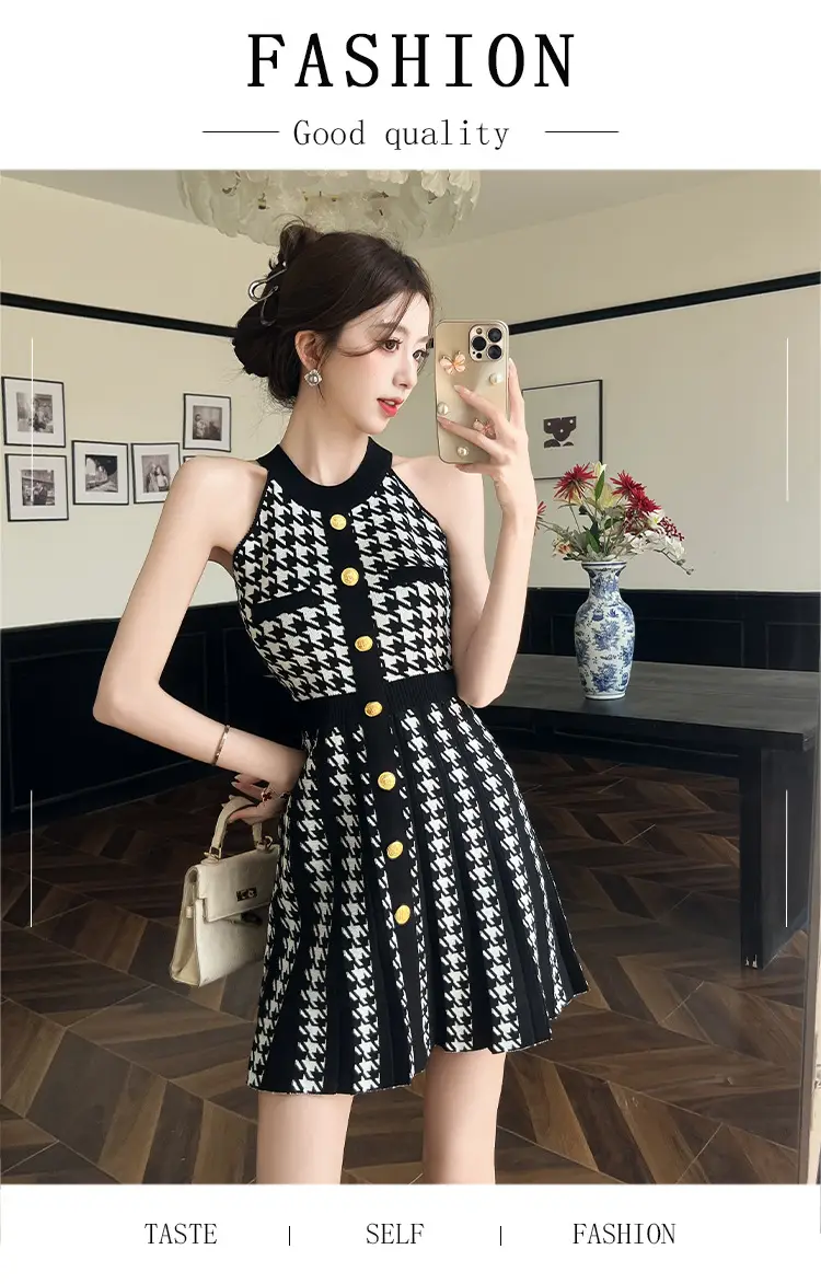 Real Shot of Hepburn Style French Black Letter Halter Dress for Women Summer Waist Slimming Elegant Little Black Dress Knitted Skirt — feature 1