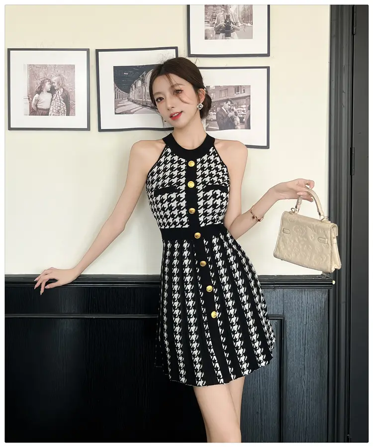 Real Shot of Hepburn Style French Black Letter Halter Dress for Women Summer Waist Slimming Elegant Little Black Dress Knitted Skirt — feature 10