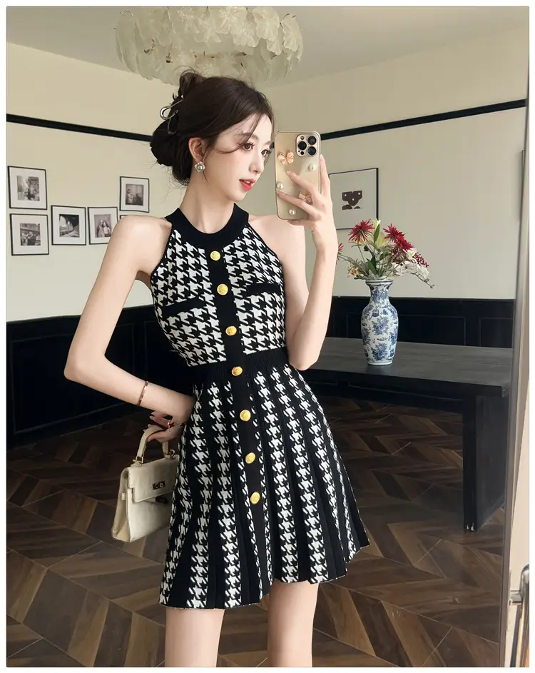Real Shot of Hepburn Style French Black Letter Halter Dress for Women Summer Waist Slimming Elegant Little Black Dress Knitted Skirt — feature 12