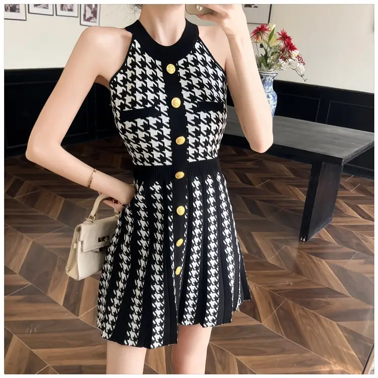 Real Shot of Hepburn Style French Black Letter Halter Dress for Women Summer Waist Slimming Elegant Little Black Dress Knitted Skirt — feature 13